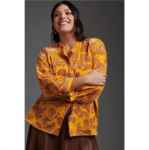 Anthropologie Pilcro Velvet Floral Appliqued Blouse Top In Gold Yellow - Picture 2 of 9